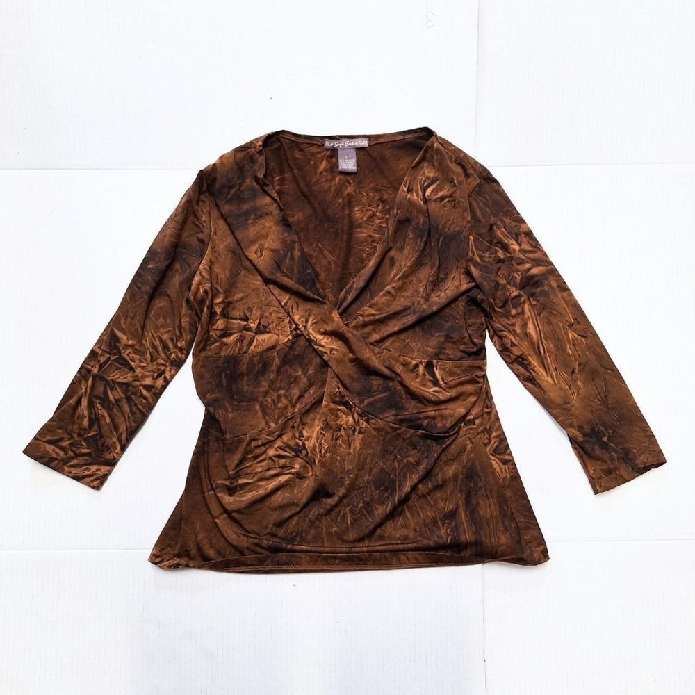 Vintage SUZIE COUTURE Cotton V Neck Top Womens Size L Brown 3/4 Sleeve Y2K